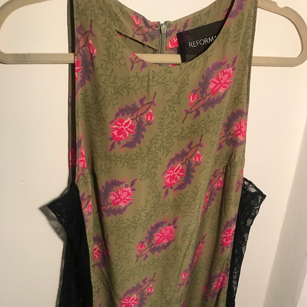 Reformation silk shift dress with lace side panels